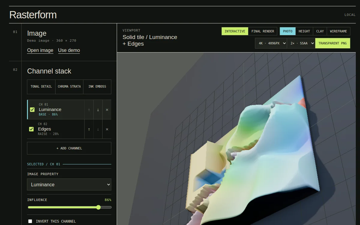 Rasterform studio showing image-channel controls beside a color-mapped 3D relief in the interactive viewport